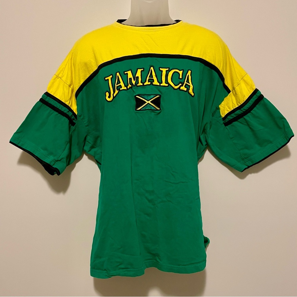Surf Style Green and Yellow Tee with Embroidered Jamaica and Flag | Size 4XL
